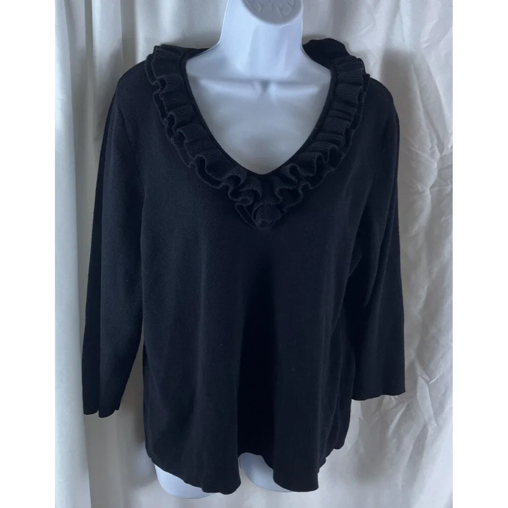 Coldwater Creek Women’s Plus black Pullover Sweater Ruffle Neck Size 1X Office